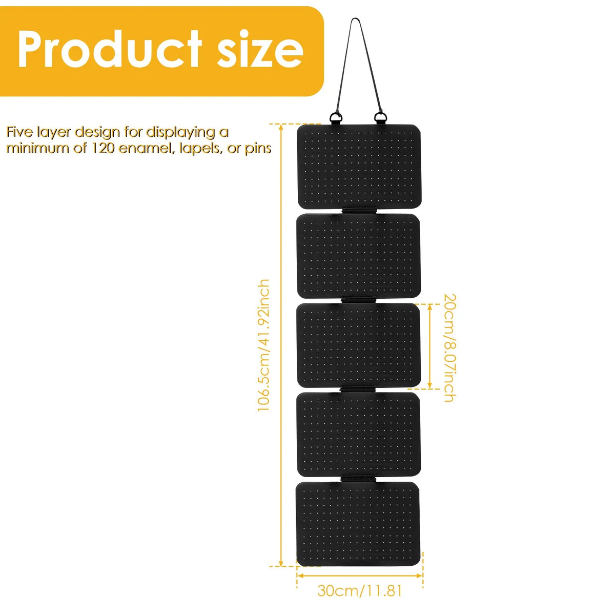 A stack of five black felt display panels for hanging enamel lapel pins or pins.