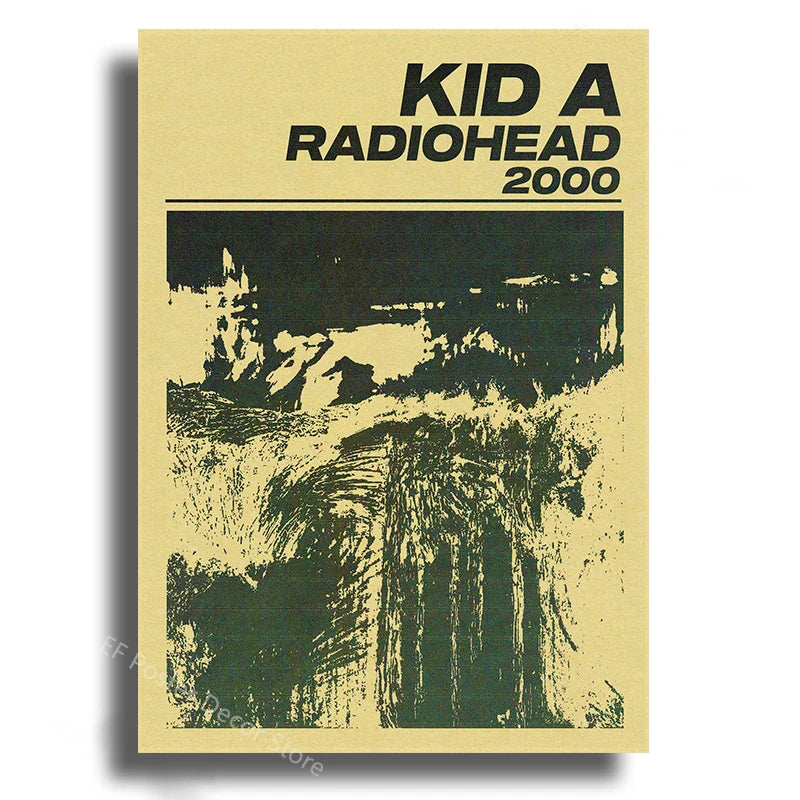 Album art poster for Radiohead's Kid A Radiohead 2000 featuring a dark, textured image.
