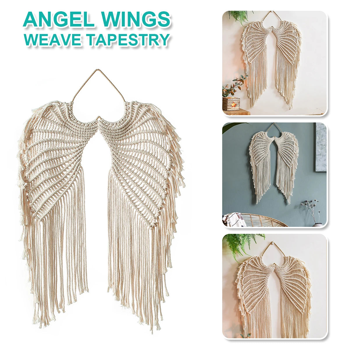 Handwoven angel wing macrame wall hanging featuring light beige fibers and fringe details.