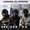 Three scenarios showing a full face mask for outdoor sports, tactical training, and work protection.