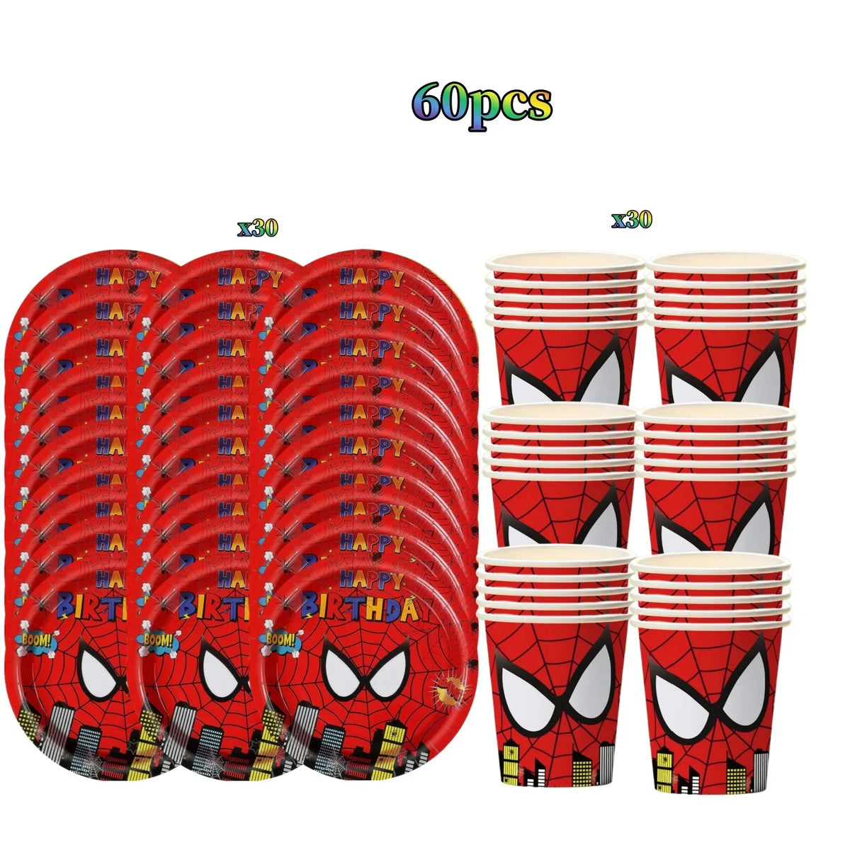 A set of 60 pieces of red and black Spider-Man themed party tableware cups and plates.