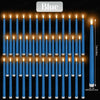 A vertical arrangement of blue LED taper candles with flickering flame effects.