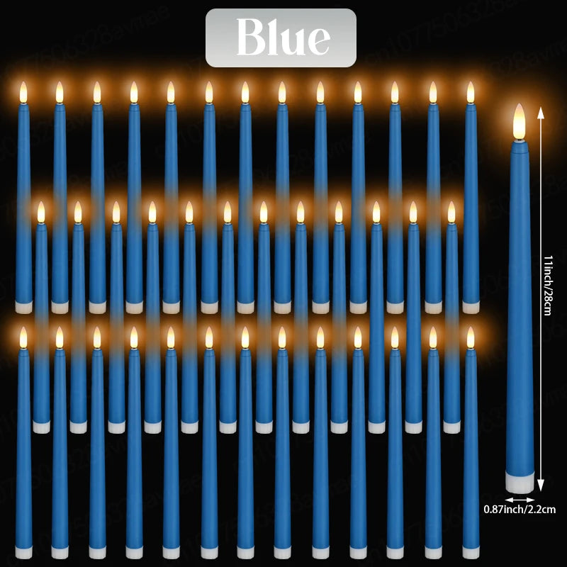 A vertical arrangement of blue LED taper candles with flickering flame effects.
