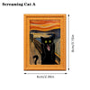 A framed painting depicting a black cat with an open mouth in an orange and yellow sunset background.