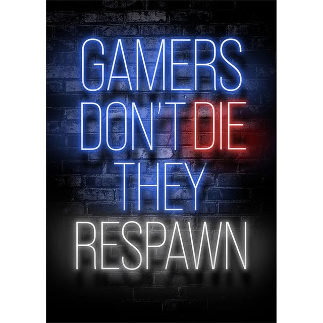 Letrero de neón en una pared de ladrillo oscuro que dice: 'Gamers Don't Die They Respawn' con luces azules y rojas.
