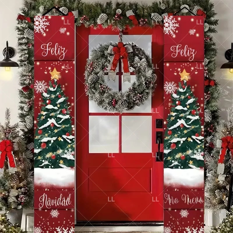 A festive red door banner decorated with Christmas wreaths, holiday greetings, and snowy evergreen trees.