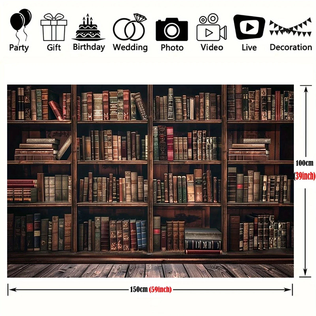 A wooden bookshelf background banner featuring various books and decorative icons for parties, gifts, weddings, photos, video
