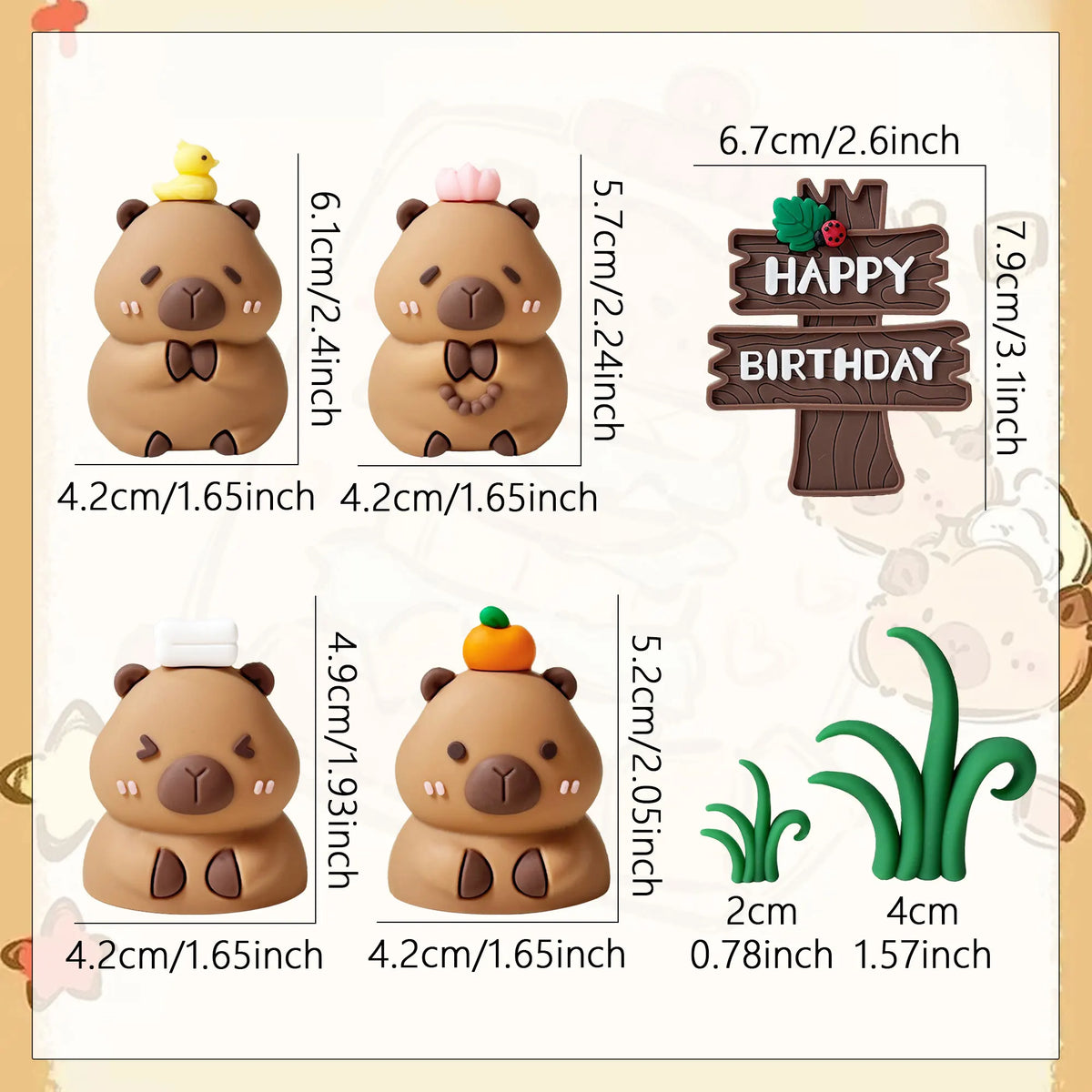 A set of cute brown bear cake toppers featuring happy birthday text and various sizes.