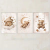 A three-piece canvas art set featuring cute teddy bears and a crescent moon against a soft, celestial background.