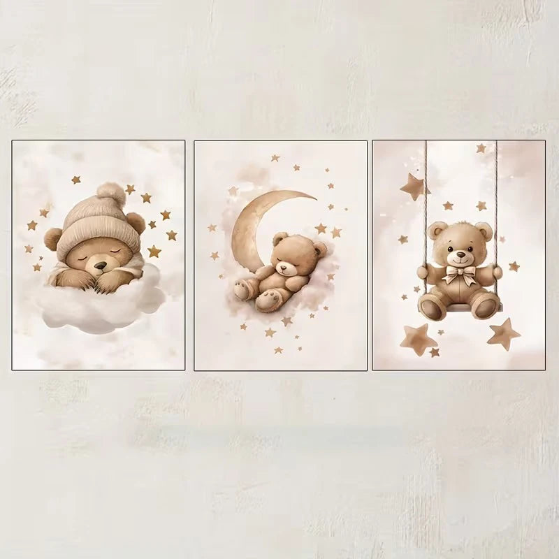 A three-piece canvas art set featuring cute teddy bears and a crescent moon against a soft, celestial background.