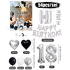 A set of black and white balloons and a silver banner for birthday party decor