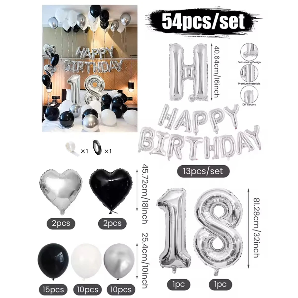 A set of black and white balloons and a silver banner for birthday party decor