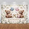 A floral gender reveal backdrop featuring teddy bears and balloons for a boy or girl theme.
