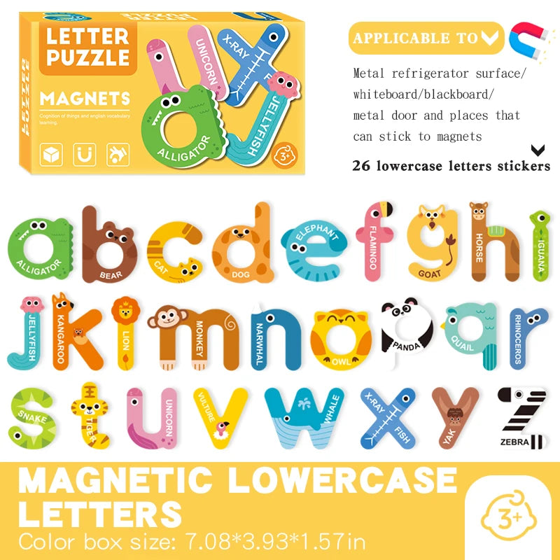 A box of magnetic lowercase letters and numbers for a puzzle set featuring various alphabet and numeral shapes.