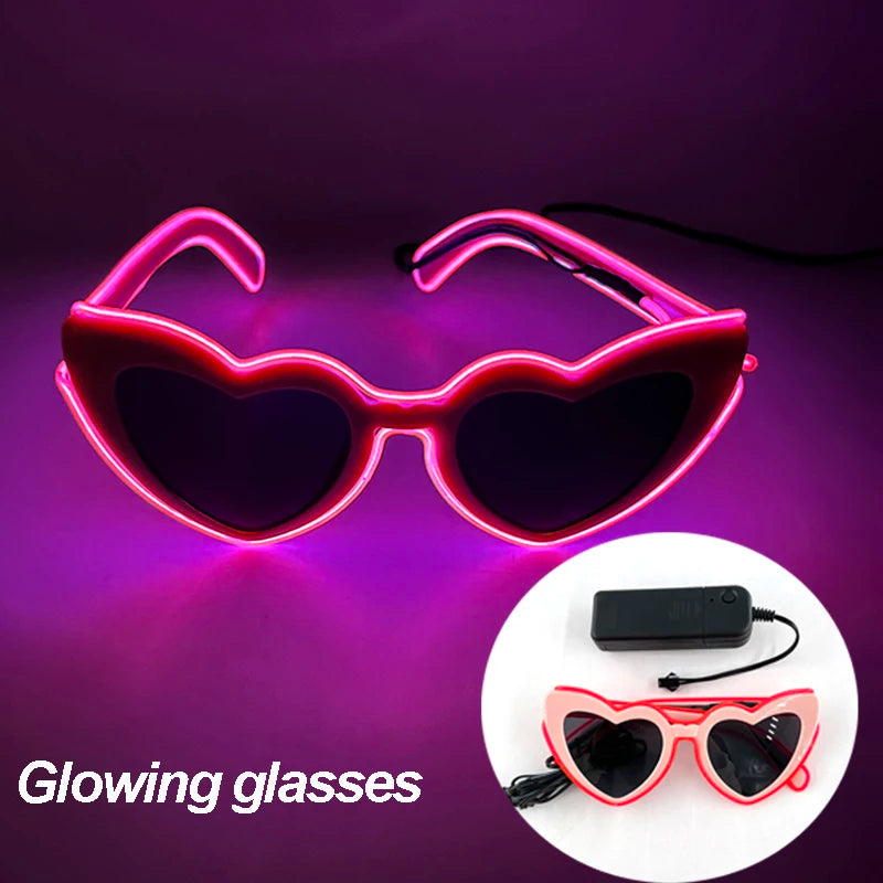 Pair of glowing pink heart-shaped sunglasses with black LED accents