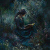 A painting of a woman with long dark hair reading a book in a misty, overgrown garden setting.