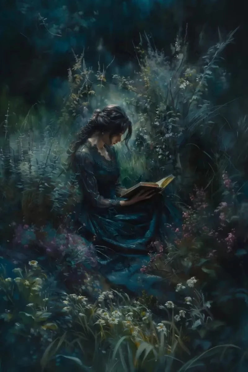 A painting of a woman with long dark hair reading a book in a misty, overgrown garden setting.