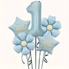 A set of light blue foil balloons shaped like the number one and flowers for a birthday celebration