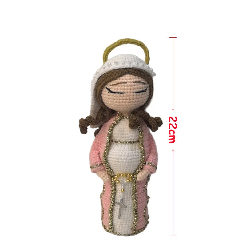 Handcrafted Virgin Mary crochet doll with a white crown and pink dress