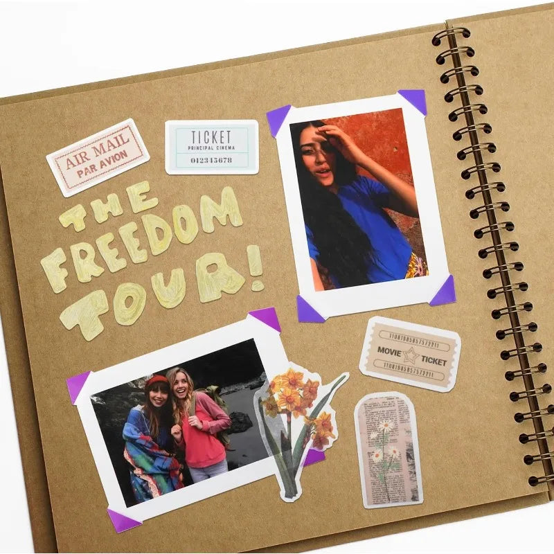 A brown scrapbook album with photos and tickets for a freedom tour theme.