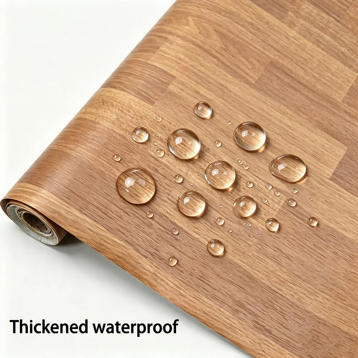 A wooden cutting board with water droplets on its surface, showing a realistic wood grain texture.