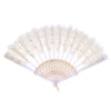 Elegant lace folding hand fan with gold detailing, shown open and spread.