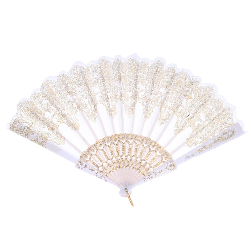 Elegant lace folding hand fan with gold detailing, shown open and spread.