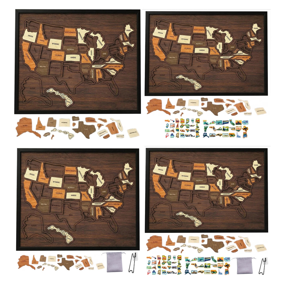 A set of wooden USA travel map puzzles and stickers showing various states and regions.