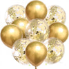 A cluster of round balloons filled with white latex and gold confetti for parties