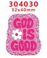 Pink glitter acrylic charm with the text GOD IS GOOD on a square background