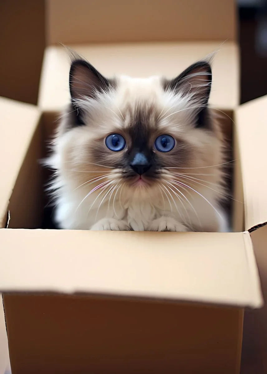 A fluffy, blue-eyed orange and white Persian kitten is sitting inside a cardboard box.