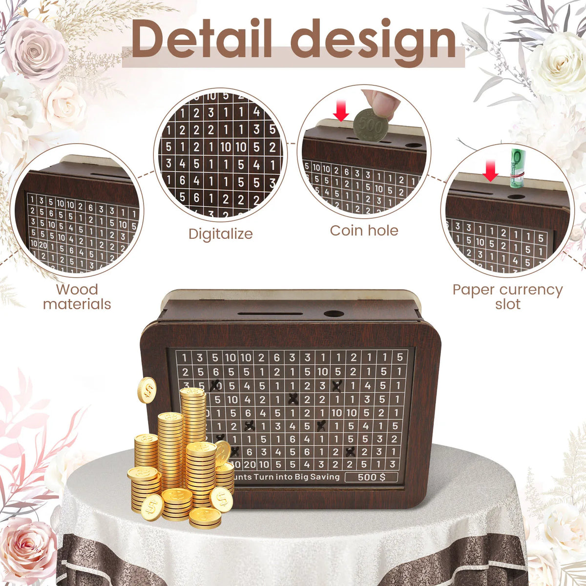 A wooden piggy bank with a coin hole and currency slot, displaying various paper currency denominations.