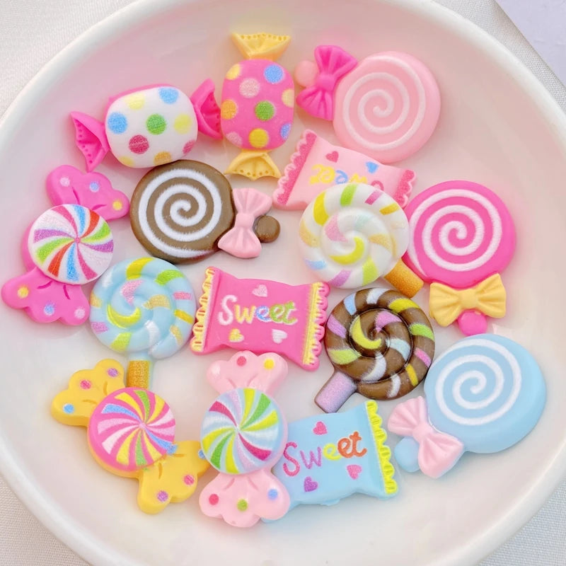 A collection of 20 colorful resin candy charms in various shapes and colors for scrapbooking and jewelry making
