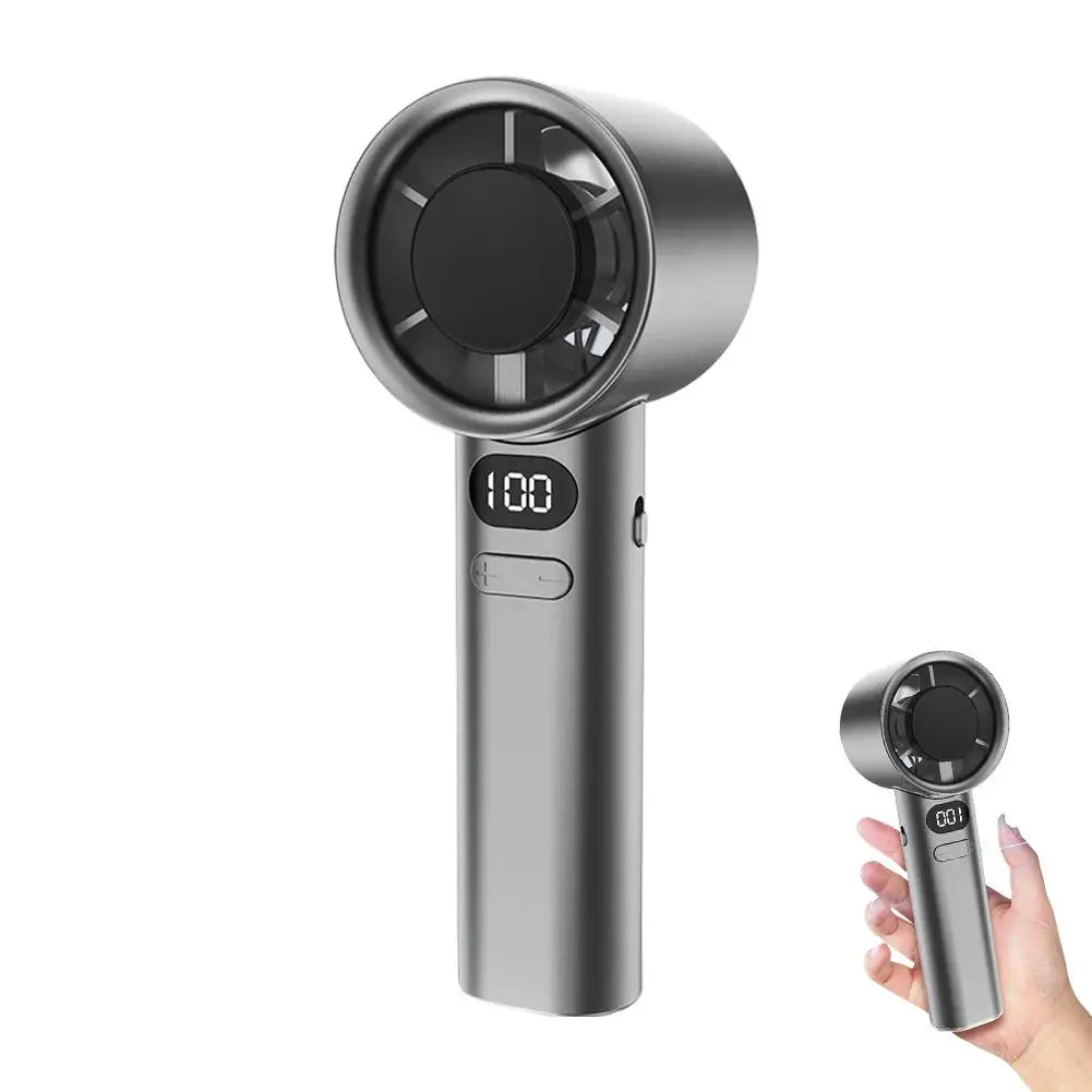 A silver portable rechargeable handheld fan with a circular grille and a digital display showing 100.
