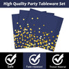 A stack of navy blue and gold disposable party tableware set with safety and fade-resistant features.