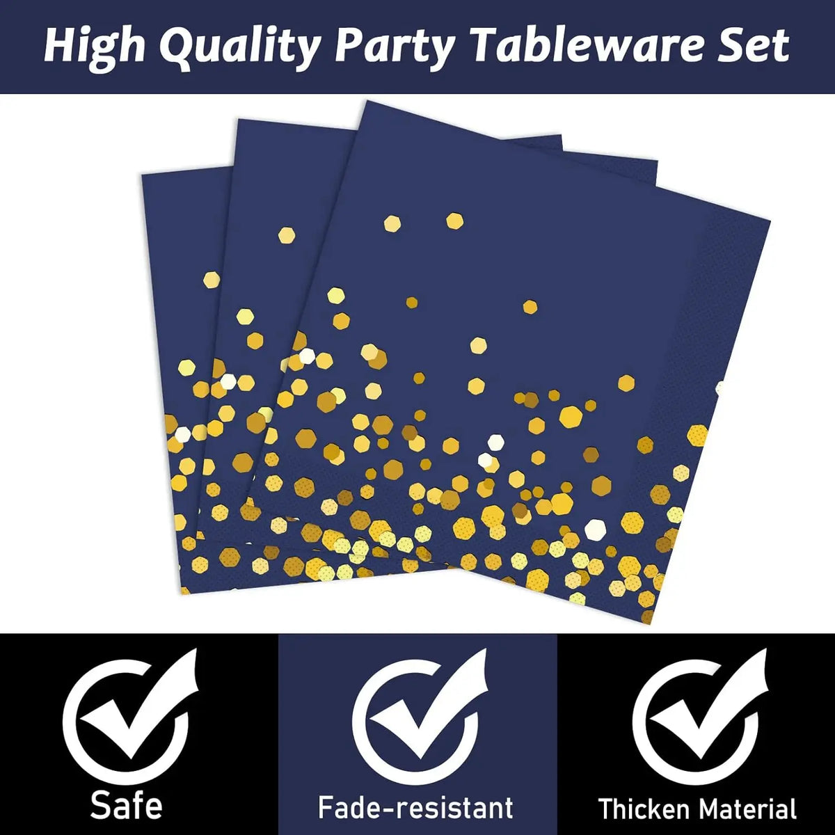 A stack of navy blue and gold disposable party tableware set with safety and fade-resistant features.