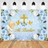 A light blue and white floral backdrop featuring a gold cross and golden doves for a baptism or communion celebration.