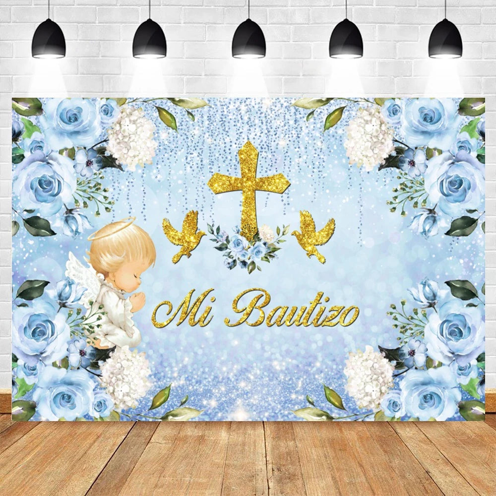 A light blue and white floral backdrop featuring a gold cross and golden doves for a baptism or communion celebration.