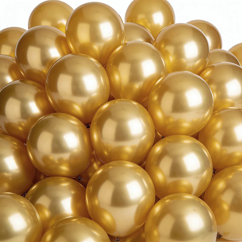 A close-up of a 50-pack of chrome metallic gold balloons used for celebrations.