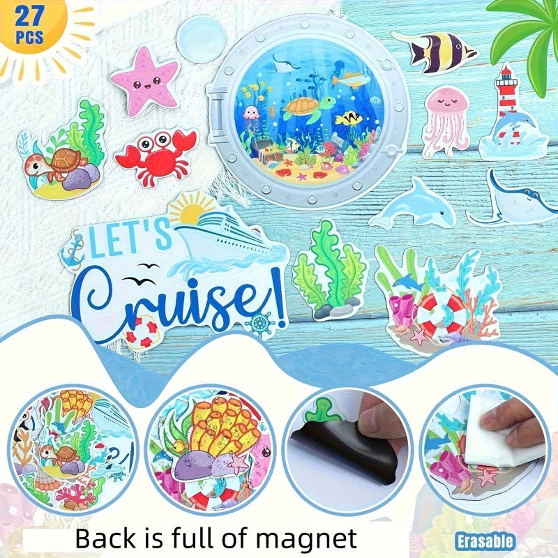 A set of 27 colorful ocean adventure fridge magnets featuring sea creatures and a cruise ship theme.