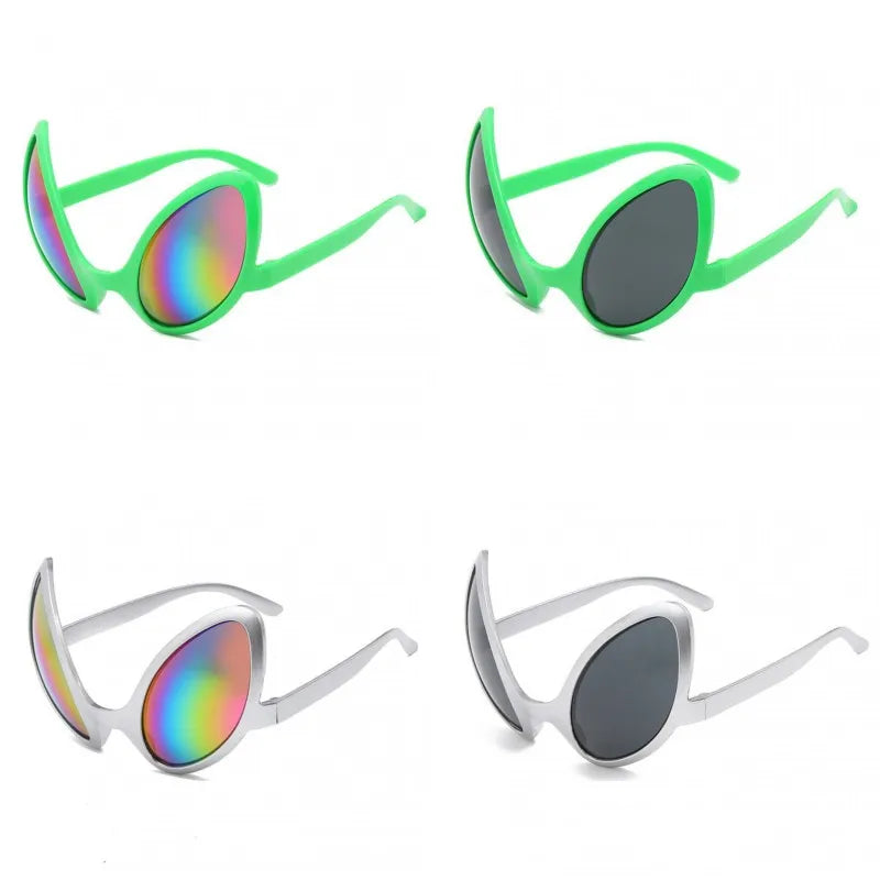 A set of rainbow and black alien-shaped sunglasses with UV400 protection shown from different angles.
