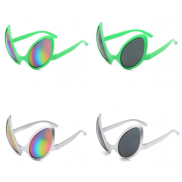 A set of rainbow and black alien-shaped sunglasses with UV400 protection shown from different angles.