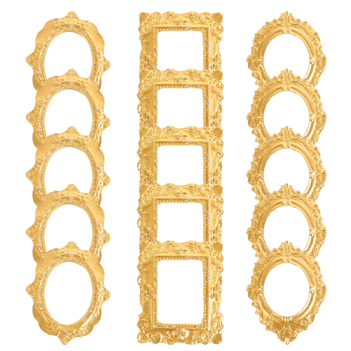 Vintage gold oval miniature photo frames used for dollhouse decor