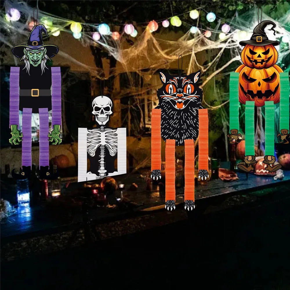 A set of Halloween hanging ornaments featuring a witch ghost, an orange pumpkin, and a skeleton figure.