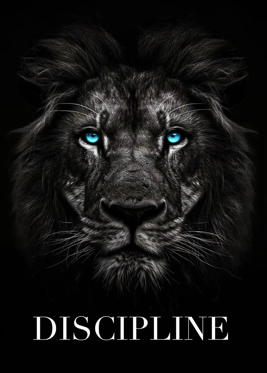 A close-up portrait of a fierce lion with striking blue eyes and dark fur, featuring the word DISCIPLINE below.