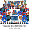 A banner featuring numbers 6 and 7 and various letters decorating a birthday party setup