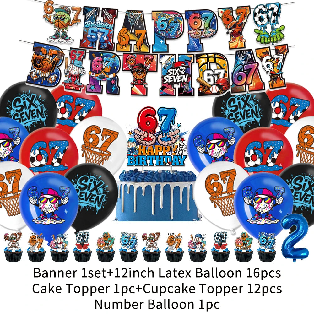A banner featuring numbers 6 and 7 and various letters decorating a birthday party setup