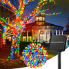 Solar powered outdoor fairy string lights illuminating a tree and a building at night