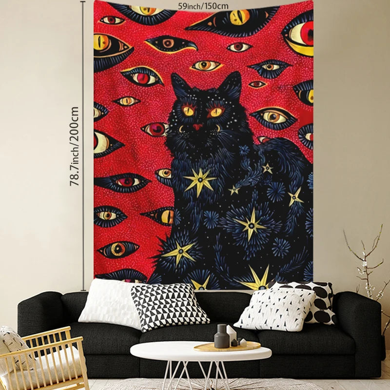 A vibrant red tapestry featuring multiple stylized eyes and a large black cat with yellow star accents.