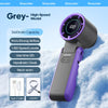 A grey Kinscoter high-speed handheld fan is shown in a close-up against a snowy background.